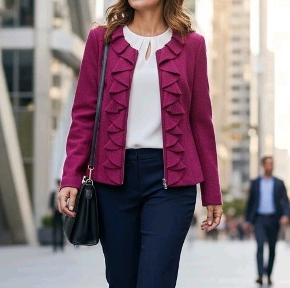 Chicos Jacket 100% Wool Felt Size 2 Large Magenta Pink Ruffle Zip Up Sweater